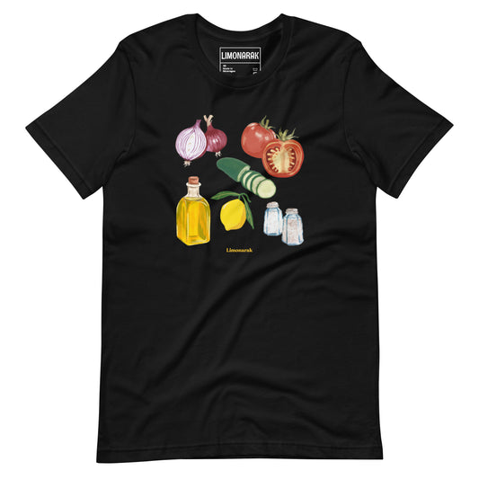 Black Israeli Salad T-shirt - Showcase your love for Israeli cuisine with our unique Israeli Salad T-Shirt! This eye-catching graphic tee features a colorful depiction of the fresh and delicious ingredients that make up this popular Israeli salad. Made with high-quality materials and a comfortable fit, this shirt is perfect for food lovers and beyond.