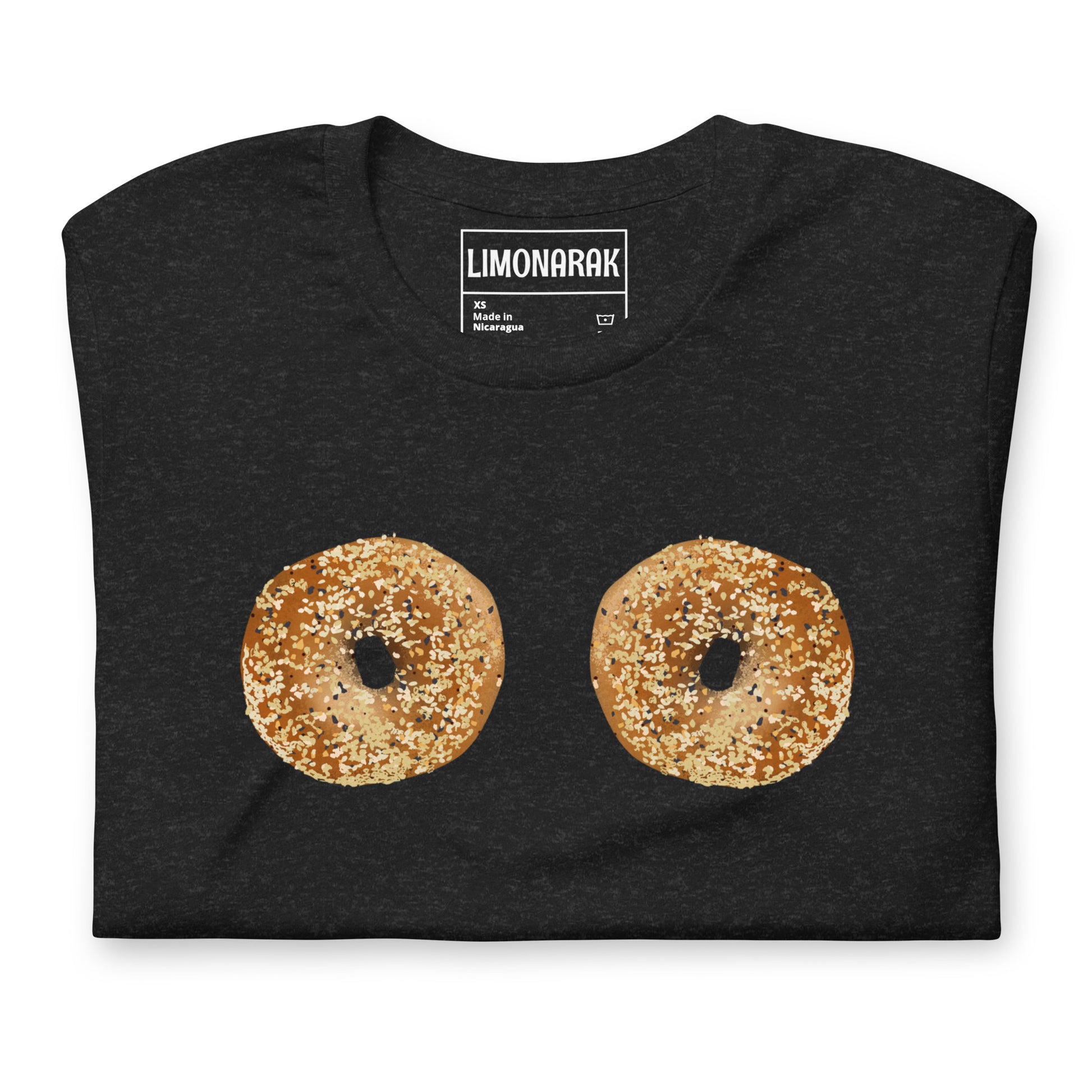 Black Bagel Boobs Shirt - Introducing our Bagel Boobs T-Shirt, featuring two everything bagels, expertly printed on the front. Express your love for bagels in our unique and funny bagel graphic tee. Made with high-quality cotton, this shirt is perfect for any bagel lover. Great for everyday streetwear or a gift for a bagel enthusiast.