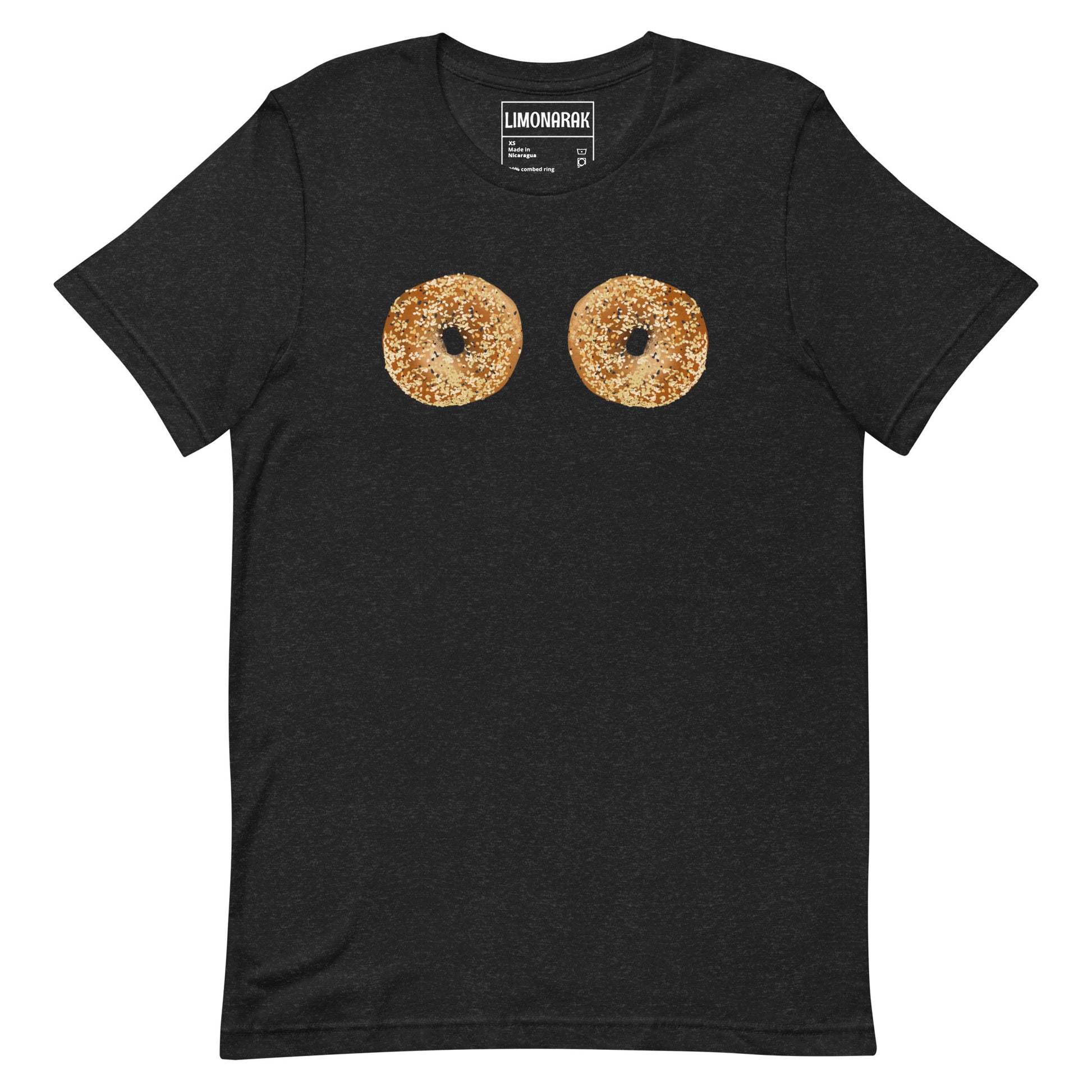 Black Bagel Boobs Shirt - Introducing our Bagel Boobs T-Shirt, featuring two everything bagels, expertly printed on the front. Express your love for bagels in our unique and funny bagel graphic tee. Made with high-quality cotton, this shirt is perfect for any bagel lover. Great for everyday streetwear or a gift for a bagel enthusiast.