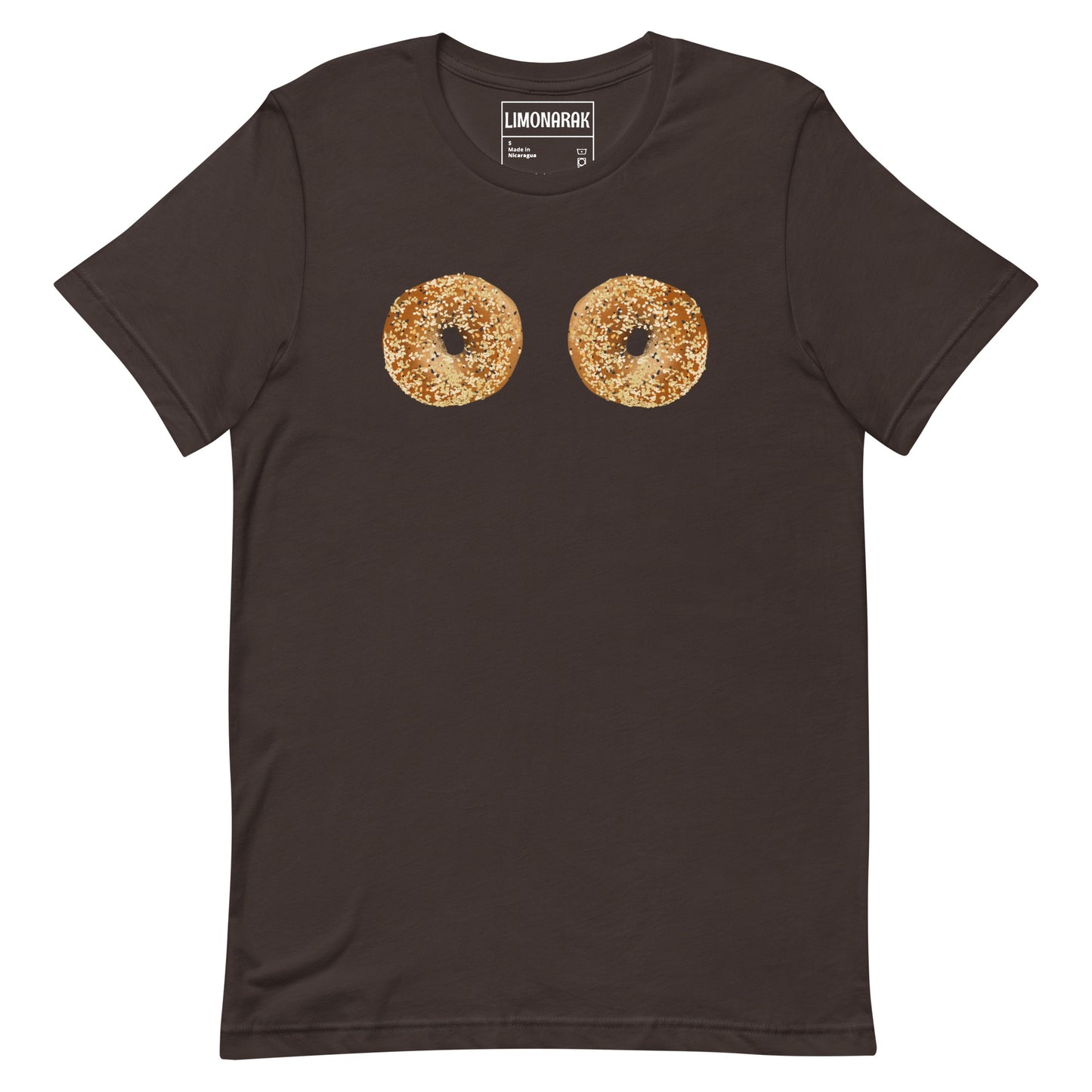 Brown Bagel Boobs Shirt - Introducing our Bagel Boobs T-Shirt, featuring two everything bagels, expertly printed on the front. Express your love for bagels in our unique and funny bagel graphic tee. Made with high-quality cotton, this shirt is perfect for any bagel lover. Great for everyday streetwear or a gift for a bagel enthusiast.