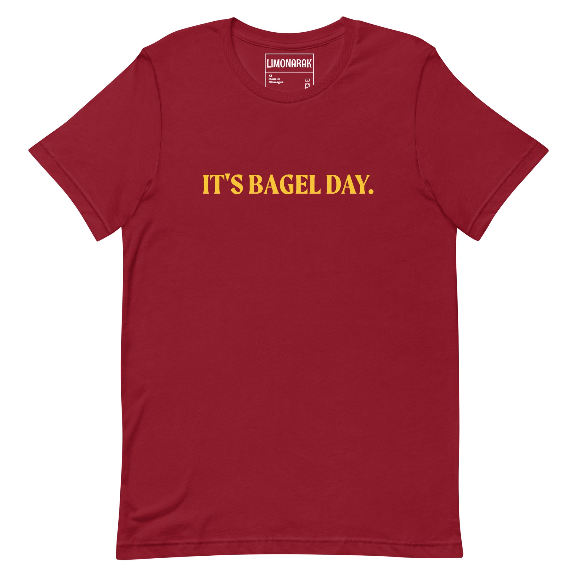 Red Bagel T-shirt - This It's Bagel Day T-Shirt is a must-have for any bagel enthusiast! Featuring a funny bagel saying, this shirt is perfect for expressing your love for all things bagel. It's a soft and comfortable tee that comes in a variety of colors. Perfect for everyday streetwear. Because everyday is bagel day!