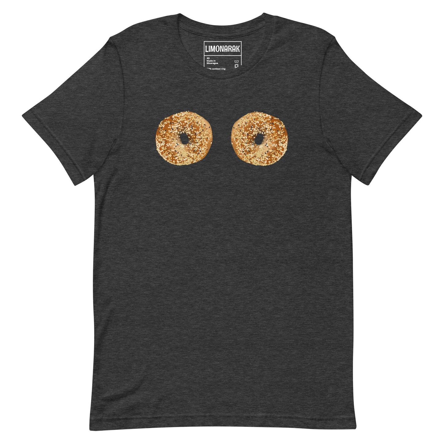 Dark Gray Bagel Boobs Shirt - Introducing our Bagel Boobs T-Shirt, featuring two everything bagels, expertly printed on the front. Express your love for bagels in our unique and funny bagel graphic tee. Made with high-quality cotton, this shirt is perfect for any bagel lover. Great for everyday streetwear or a gift for a bagel enthusiast.