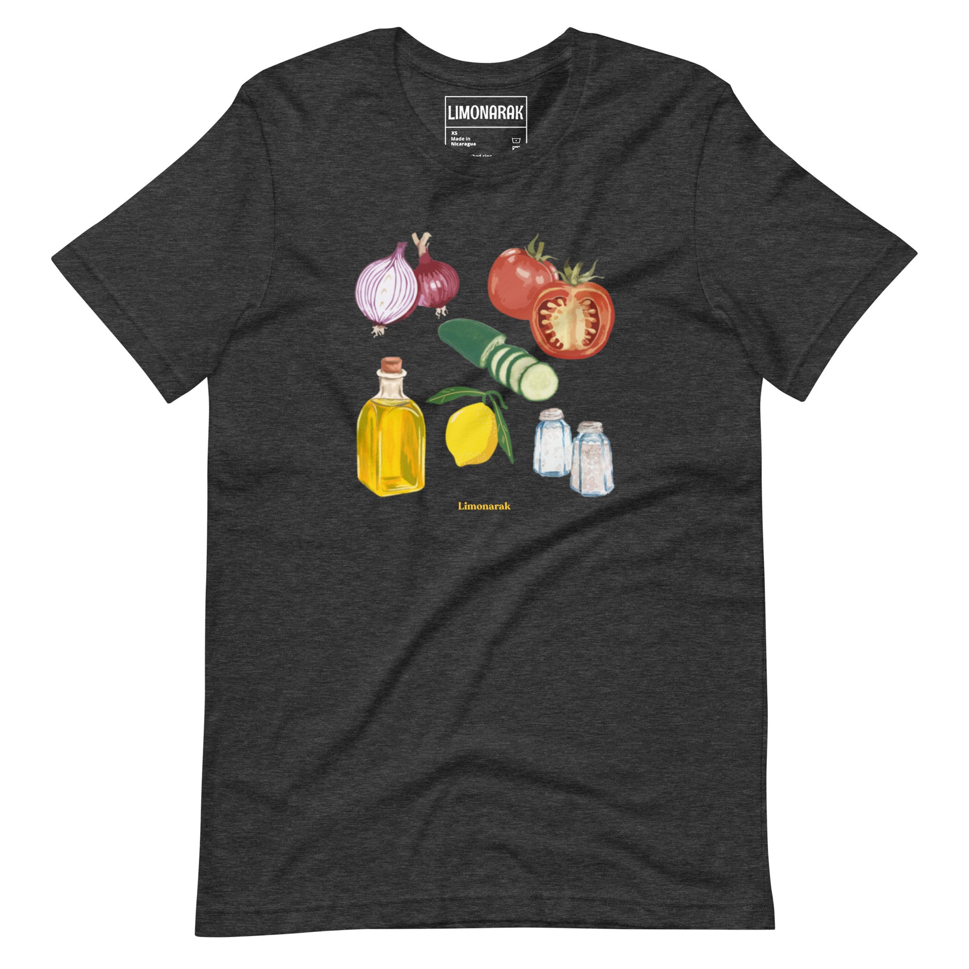 Dark Gray Israeli Salad T-shirt - Showcase your love for Israeli cuisine with our unique Israeli Salad T-Shirt! This eye-catching graphic tee features a colorful depiction of the fresh and delicious ingredients that make up this popular Israeli salad. Made with high-quality materials and a comfortable fit, this shirt is perfect for food lovers and beyond.