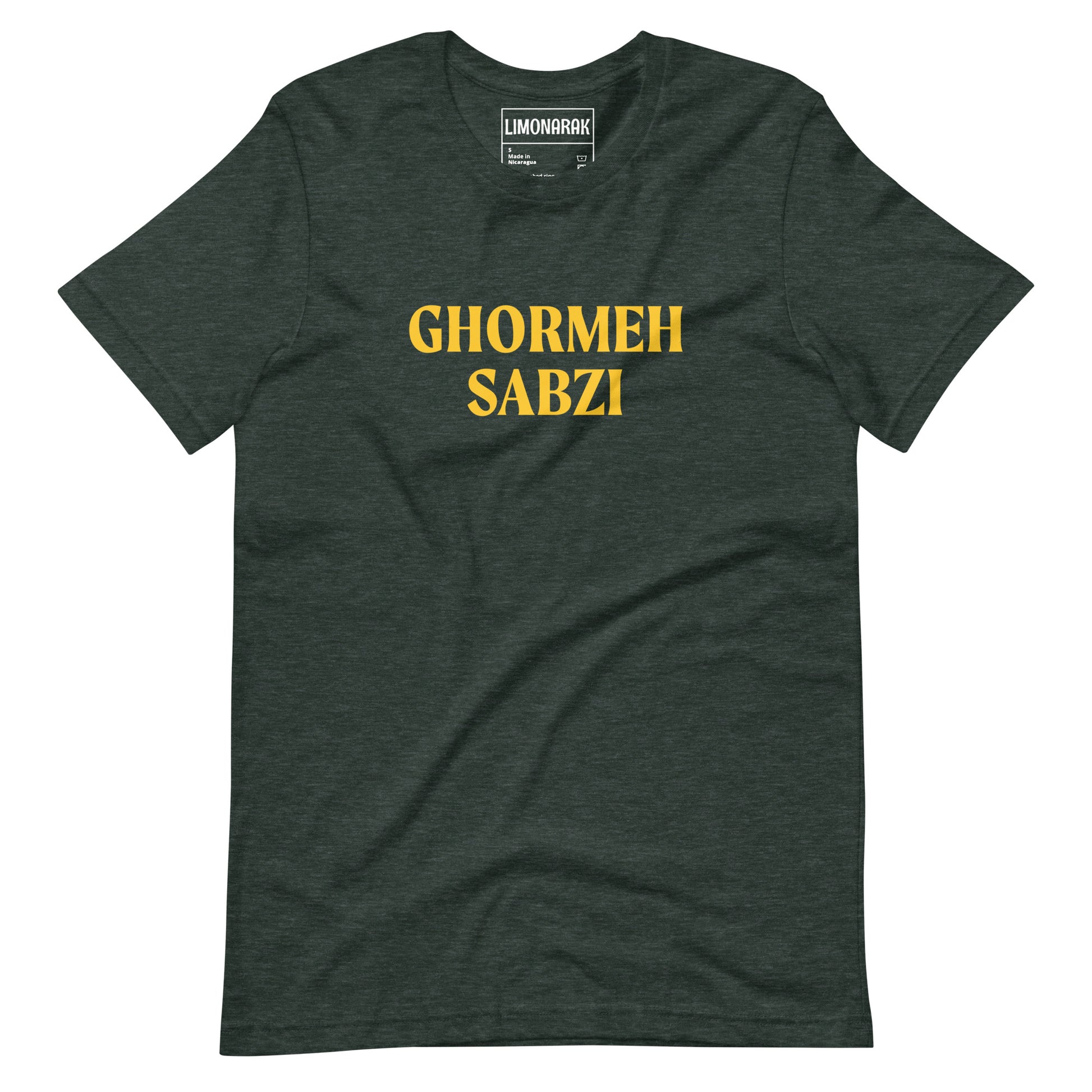 Dark Heather Green Ghormeh Sabzi T-shirt - Show off your love for Persian cuisine with our Ghormeh Sabzi T-Shirt. Featuring a simple and funny food design, this shirt is perfect for any Ghormeh Sabzi enthusiast. Made with high-quality materials for ultimate comfort, this shirt is a must have for Persian food lovers and foodies of all kinds.