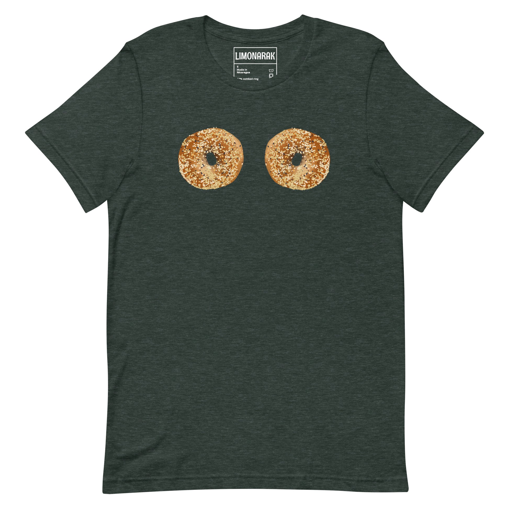 Dark Green Bagel Boobs Shirt - Introducing our Bagel Boobs T-Shirt, featuring two everything bagels, expertly printed on the front. Express your love for bagels in our unique and funny bagel graphic tee. Made with high-quality cotton, this shirt is perfect for any bagel lover. Great for everyday streetwear or a gift for a bagel enthusiast.