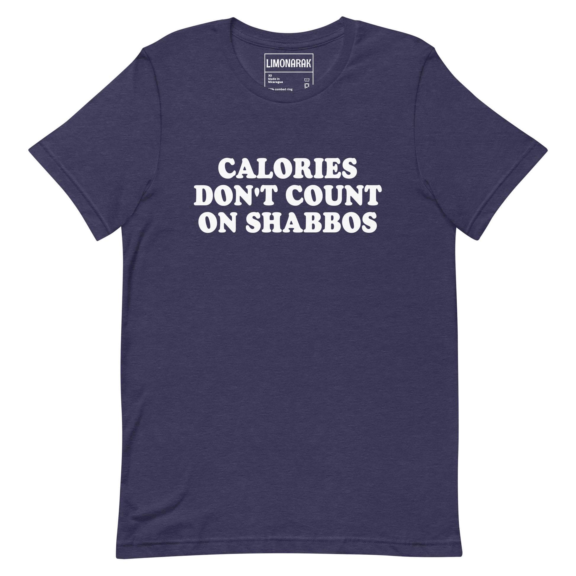 Navy Calories Don't Count On Shabbos T-Shirt - This "Calories Don't Count on Shabbos" shirt is soft and comfortable with a sarcastic Jewish phrase, expertly printed on the front. Make a statement, let your shirt do the talking, and eat your weight in matzah balls this Shabbat.