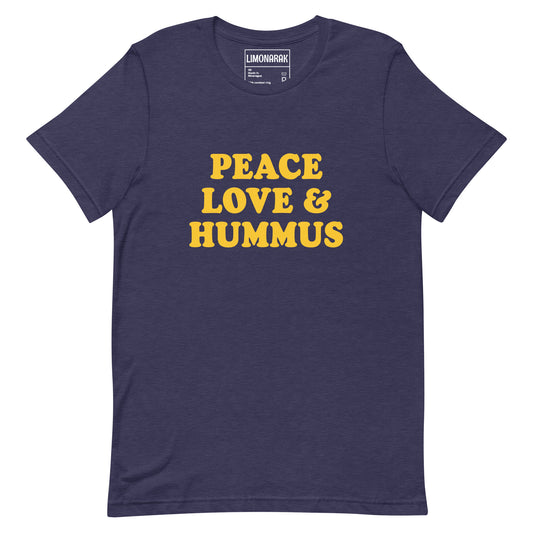 Navy Peace, Love and Hummus Shirt - Three things we need more of in the Middle East and the world. Peace, love and hummus! Make a statement and share your love of hummus in this funny t-shirt for hummus enthusiasts. It's a soft and comfortable tee that comes in a variety of colors with a sarcastic "peace and love" saying on the front. 