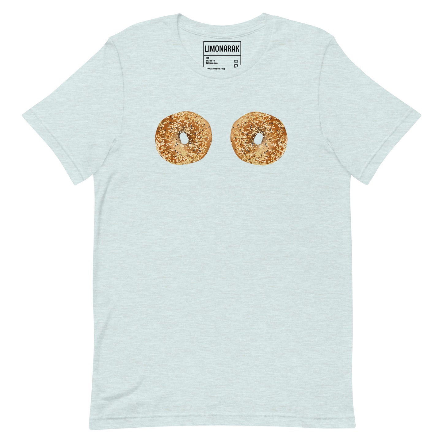 Ice Blue Bagel Boobs Shirt - Introducing our Bagel Boobs T-Shirt, featuring two everything bagels, expertly printed on the front. Express your love for bagels in our unique and funny bagel graphic tee. Made with high-quality cotton, this shirt is perfect for any bagel lover. Great for everyday streetwear or a gift for a bagel enthusiast.