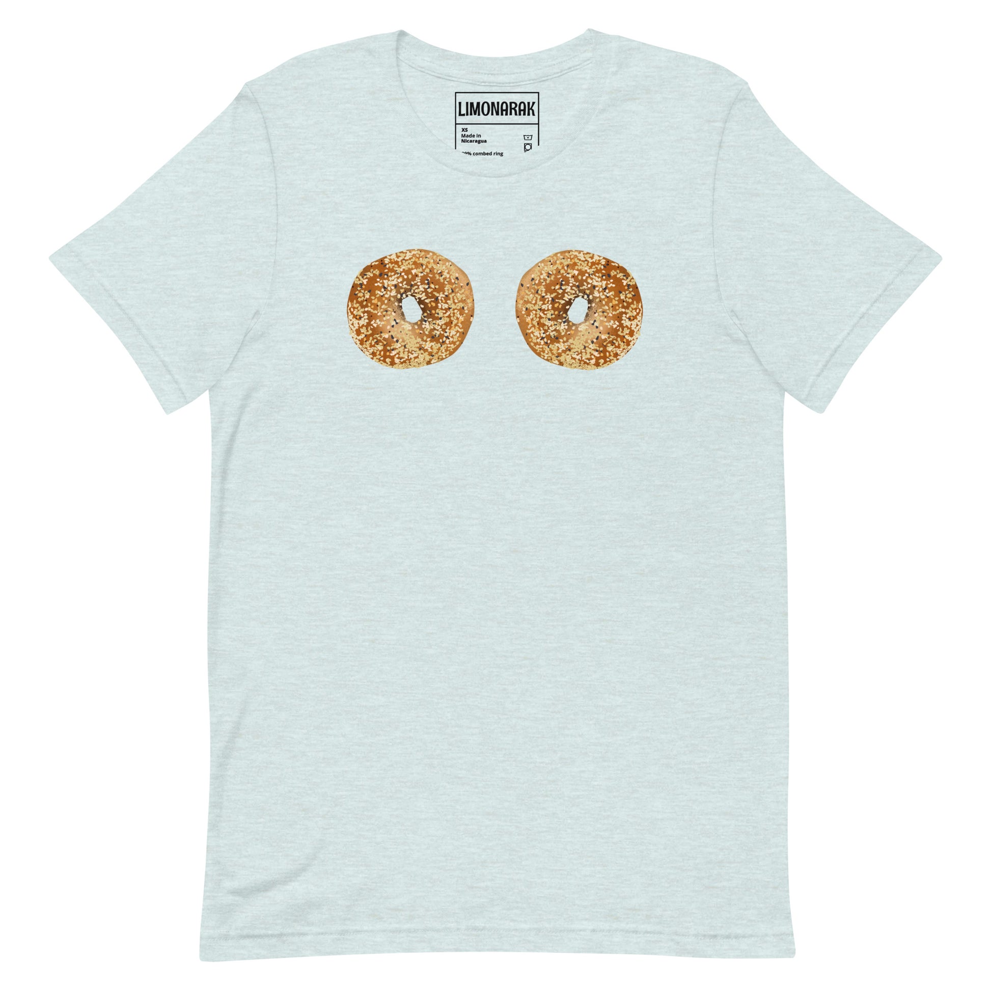 Ice Blue Bagel Boobs Shirt - Introducing our Bagel Boobs T-Shirt, featuring two everything bagels, expertly printed on the front. Express your love for bagels in our unique and funny bagel graphic tee. Made with high-quality cotton, this shirt is perfect for any bagel lover. Great for everyday streetwear or a gift for a bagel enthusiast.