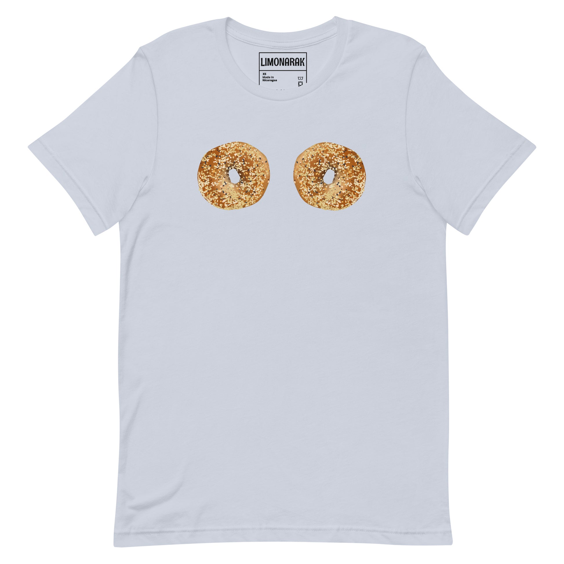 Light Blue Bagel Boobs Shirt - Introducing our Bagel Boobs T-Shirt, featuring two everything bagels, expertly printed on the front. Express your love for bagels in our unique and funny bagel graphic tee. Made with high-quality cotton, this shirt is perfect for any bagel lover. Great for everyday streetwear or a gift for a bagel enthusiast.