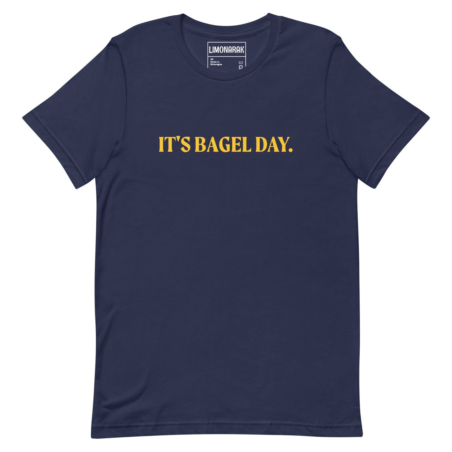 Navy Bagel T-shirt - This It's Bagel Day T-Shirt is a must-have for any bagel enthusiast! Featuring a funny bagel saying, this shirt is perfect for expressing your love for all things bagel. It's a soft and comfortable tee that comes in a variety of colors. Perfect for everyday streetwear. Because everyday is bagel day!