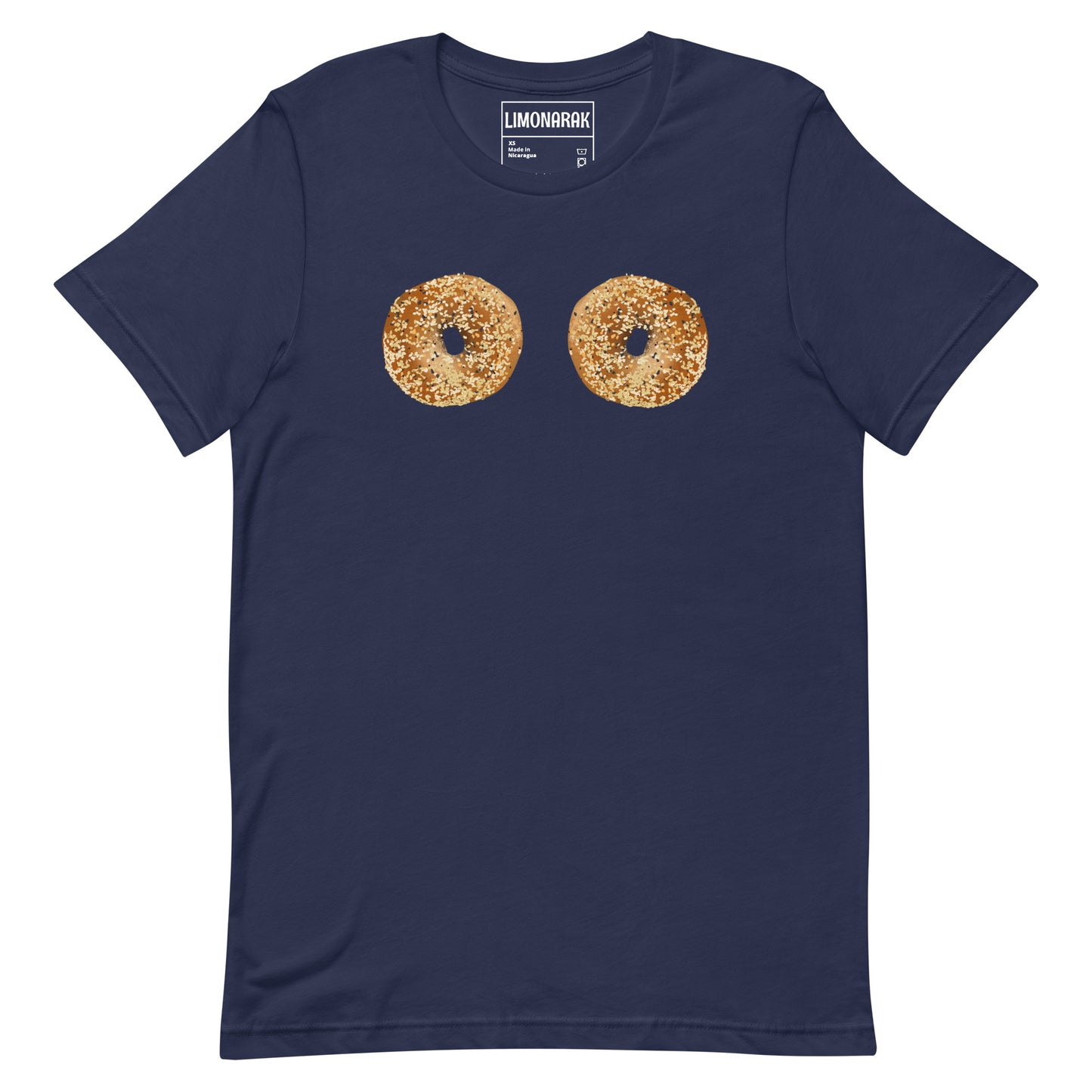 Navy Bagel Boobs Shirt - Introducing our Bagel Boobs T-Shirt, featuring two everything bagels, expertly printed on the front. Express your love for bagels in our unique and funny bagel graphic tee. Made with high-quality cotton, this shirt is perfect for any bagel lover. Great for everyday streetwear or a gift for a bagel enthusiast.