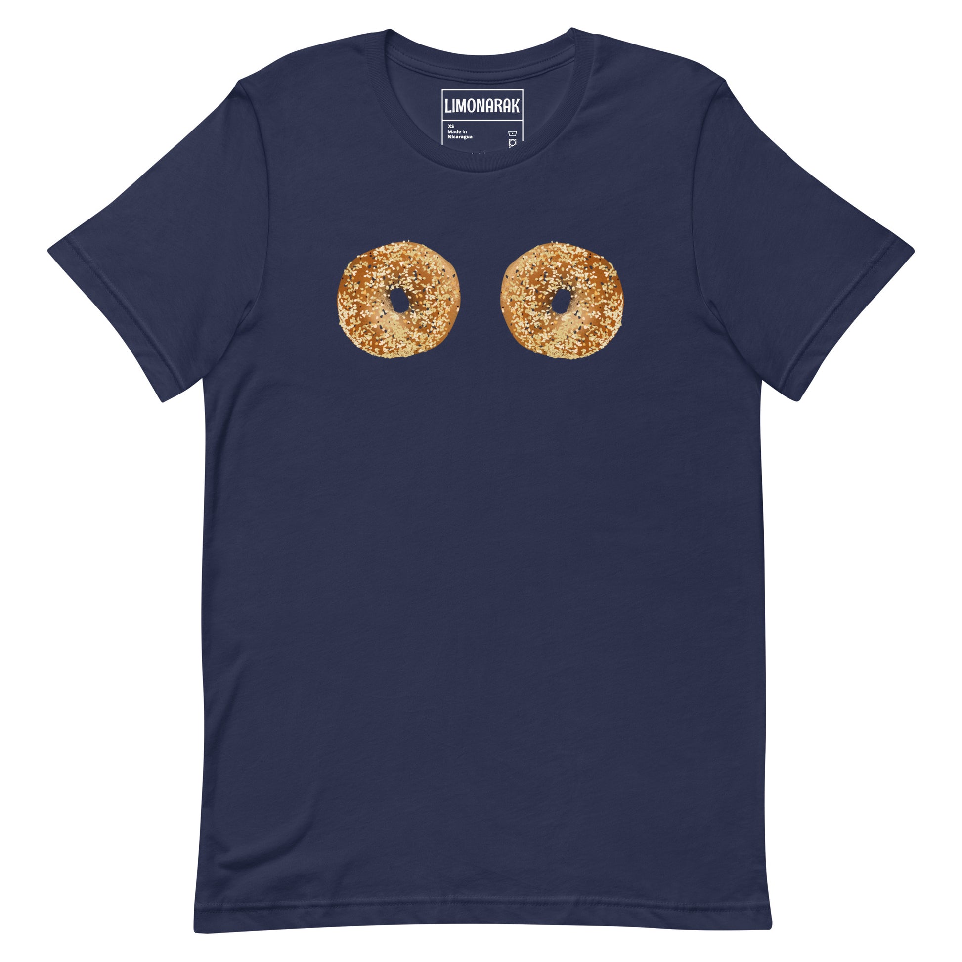 Navy Bagel Boobs Shirt - Introducing our Bagel Boobs T-Shirt, featuring two everything bagels, expertly printed on the front. Express your love for bagels in our unique and funny bagel graphic tee. Made with high-quality cotton, this shirt is perfect for any bagel lover. Great for everyday streetwear or a gift for a bagel enthusiast.