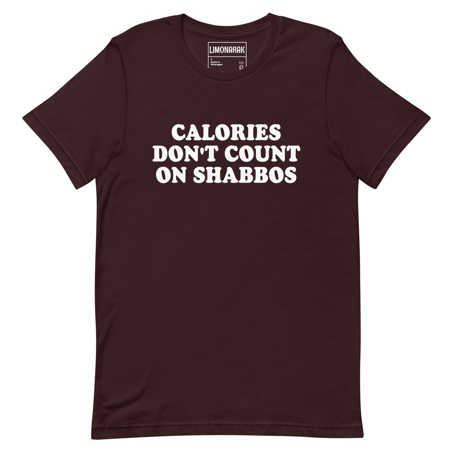 Dark Red Black Calories Don't Count On Shabbos T-Shirt - This "Calories Don't Count on Shabbos" shirt is soft and comfortable with a sarcastic Jewish phrase, expertly printed on the front. Make a statement, let your shirt do the talking, and eat your weight in matzah balls this Shabbat.