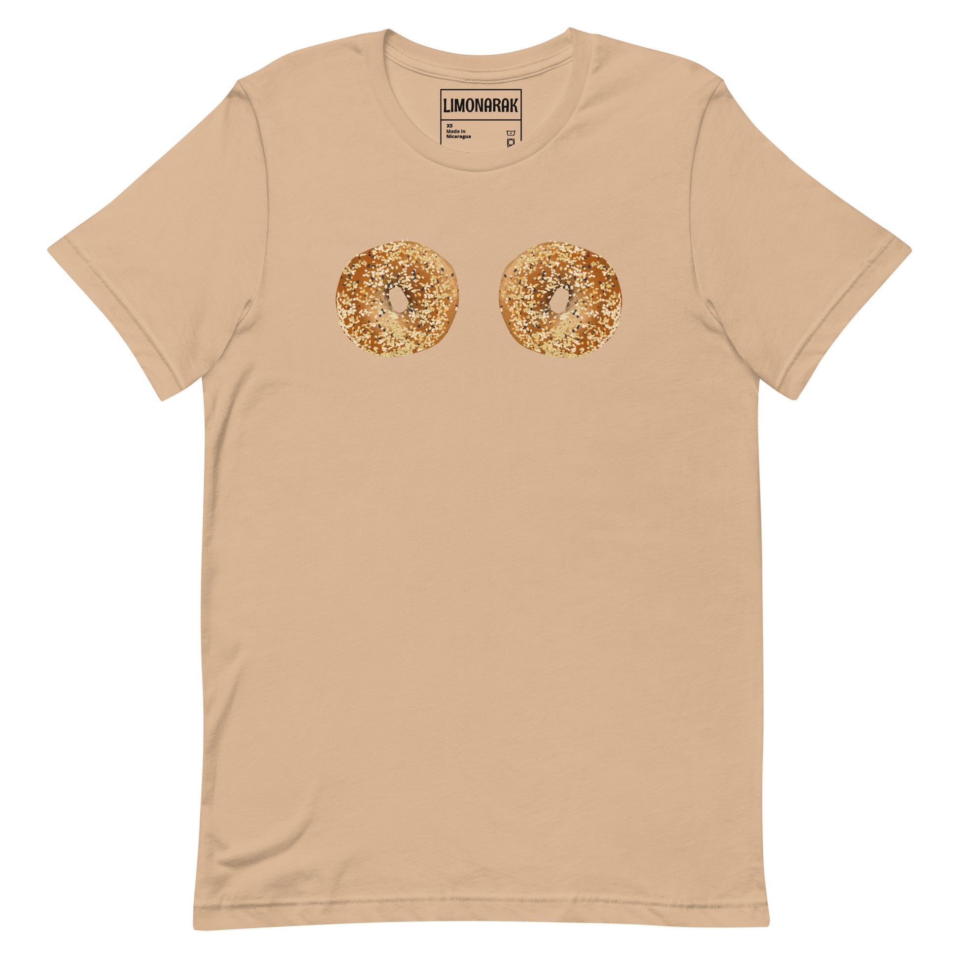 Tan Bagel Boobs Shirt - Introducing our Bagel Boobs T-Shirt, featuring two everything bagels, expertly printed on the front. Express your love for bagels in our unique and funny bagel graphic tee. Made with high-quality cotton, this shirt is perfect for any bagel lover. Great for everyday streetwear or a gift for a bagel enthusiast.