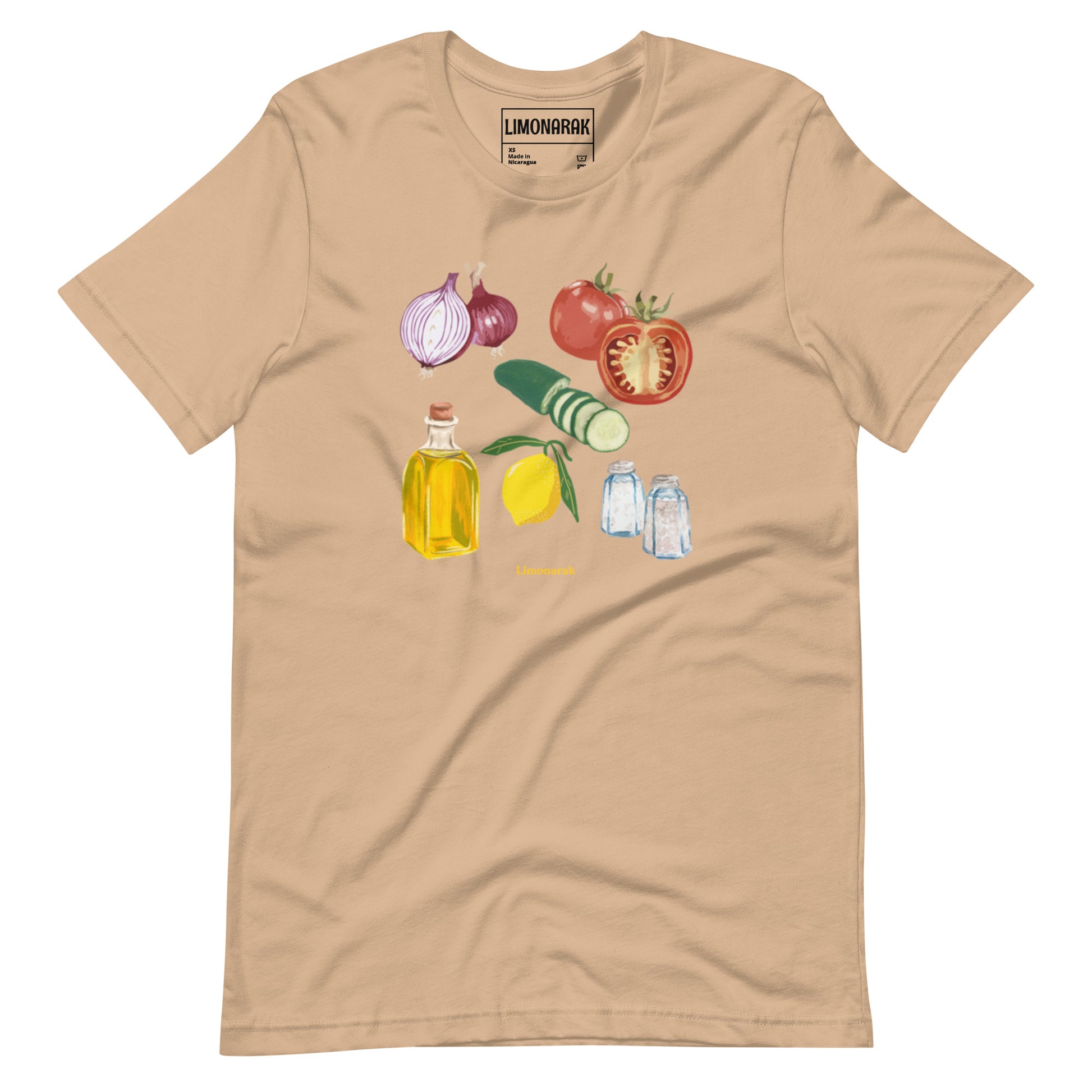 Tan Israeli Salad T-shirt - Showcase your love for Israeli cuisine with our unique Israeli Salad T-Shirt! This eye-catching graphic tee features a colorful depiction of the fresh and delicious ingredients that make up this popular Israeli salad. Made with high-quality materials and a comfortable fit, this shirt is perfect for food lovers and beyond.