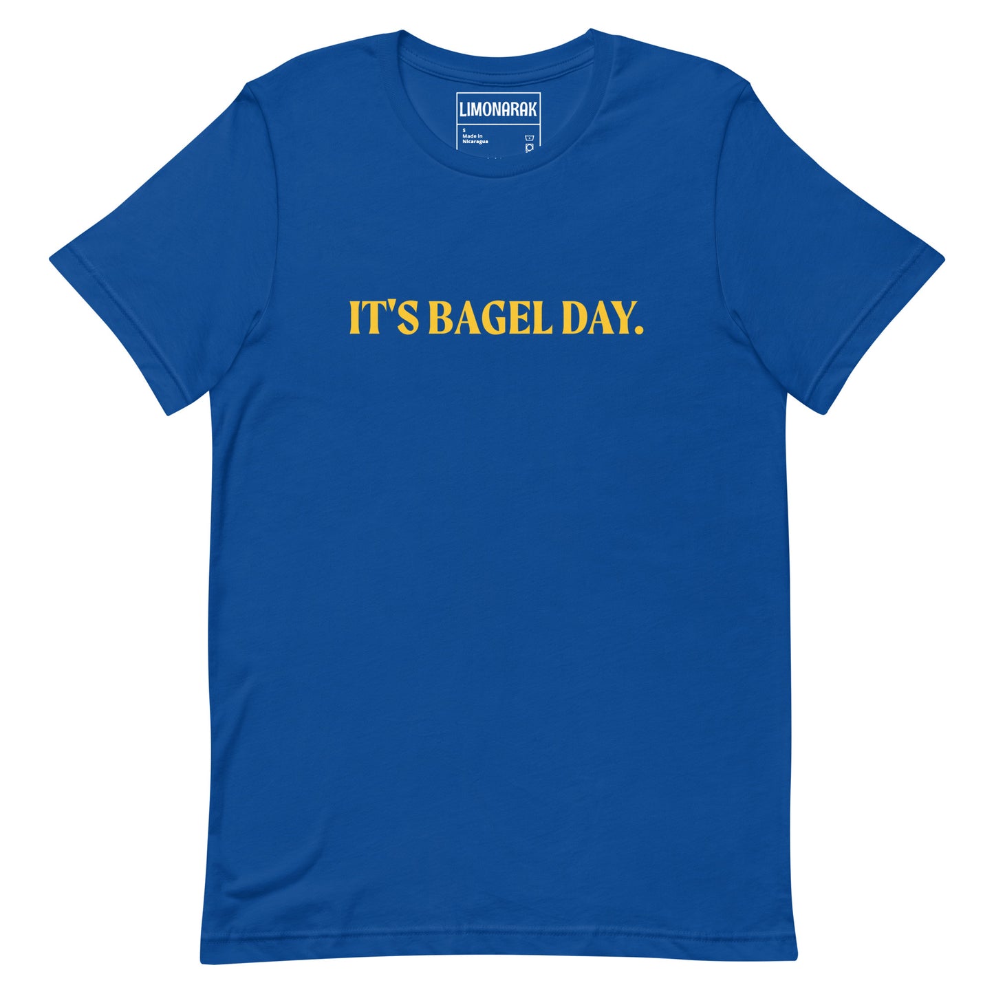 Royal Blue Bagel T-shirt - This It's Bagel Day T-Shirt is a must-have for any bagel enthusiast! Featuring a funny bagel saying, this shirt is perfect for expressing your love for all things bagel. It's a soft and comfortable tee that comes in a variety of colors. Perfect for everyday streetwear. Because everyday is bagel day!