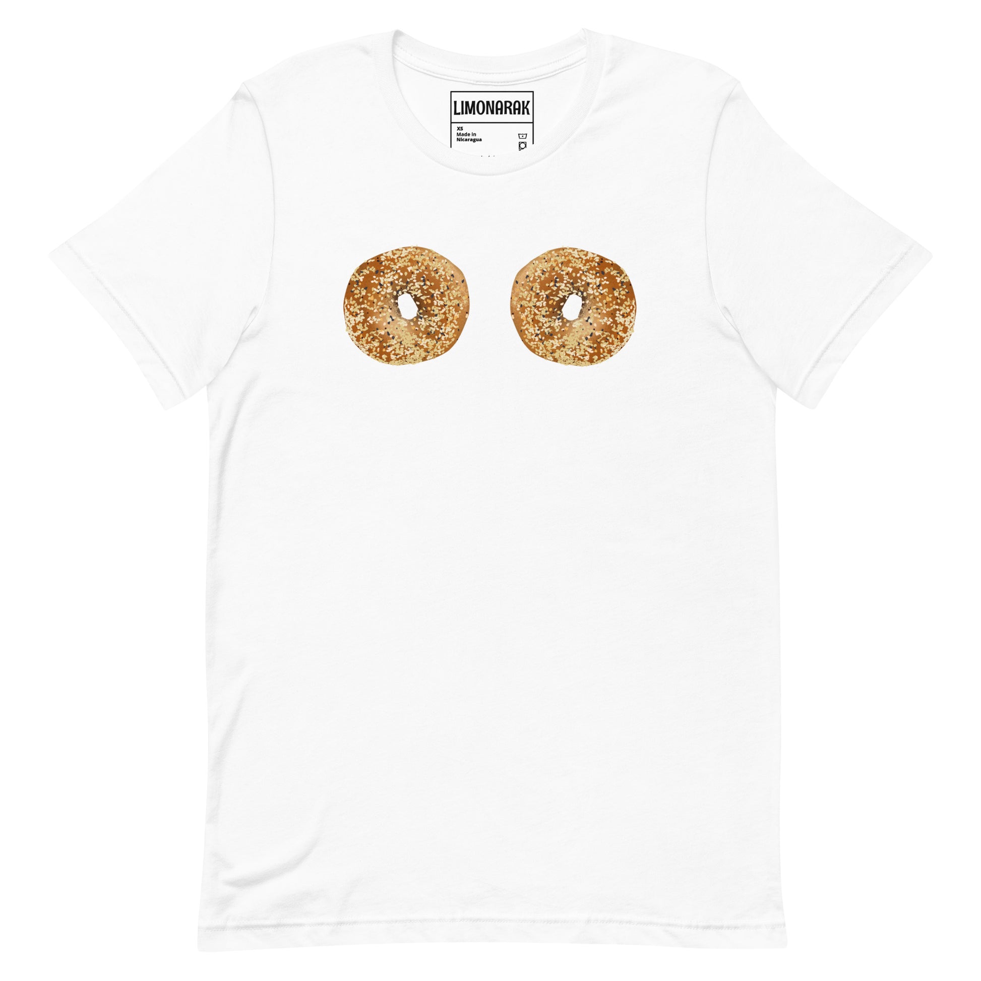 White Bagel Boobs Shirt - Introducing our Bagel Boobs T-Shirt, featuring two everything bagels, expertly printed on the front. Express your love for bagels in our unique and funny bagel graphic tee. Made with high-quality cotton, this shirt is perfect for any bagel lover. Great for everyday streetwear or a gift for a bagel enthusiast.