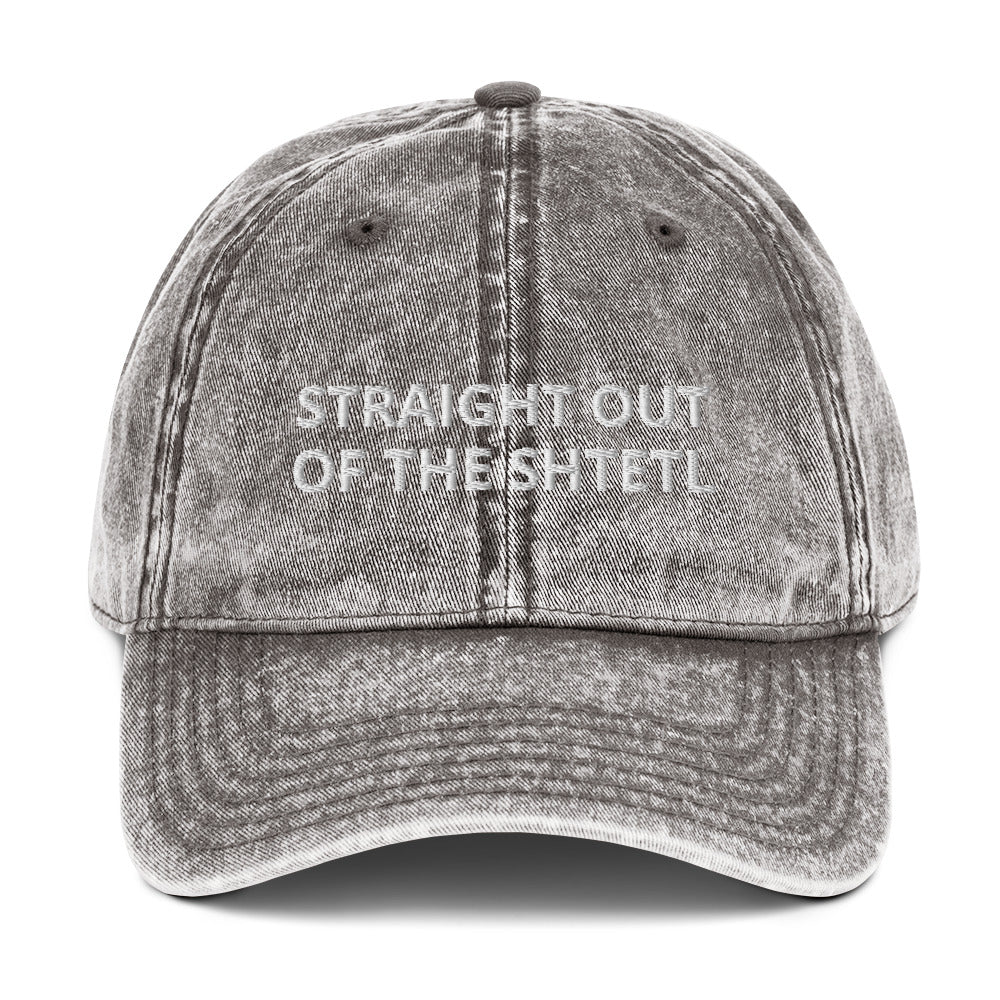 Gray Hat With Funny Jewish Design - Get ready to turn heads and confuse your neighbors with our Straight Out of the Shtetl Dad Hat. Whether you're schmoozing at brunch or haggling over artisanal pickles at the farmers' market, this hat is your ticket to cultural mystique and a few raised eyebrows. Embrace the Ashkenazi humor in this funny Jewish dad hat.