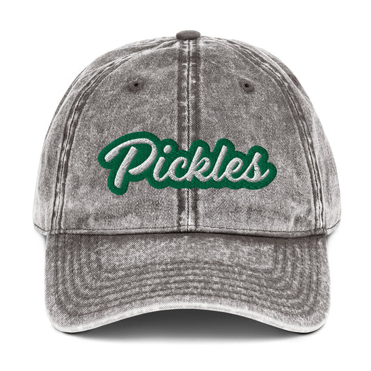 Gray Pickles Hat - Upgrade your hat game with the Pickles Hat. It's a classic dad had with a funny design, expertly embroidered on the front. Show off your sense of humor and love for pickles with this unique accessory. It's sure to turn heads and have people asking where you got it.