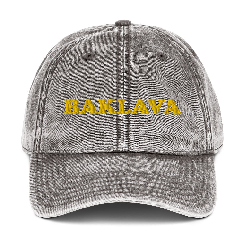 Gray Baklava hat - Introducing the Baklava Dad Hat. Featuring a simple embroidered design, this hat is perfect for everyday streetwear or as a gift for the foodie in your life. Looking for something personalized? Shoot us a message!