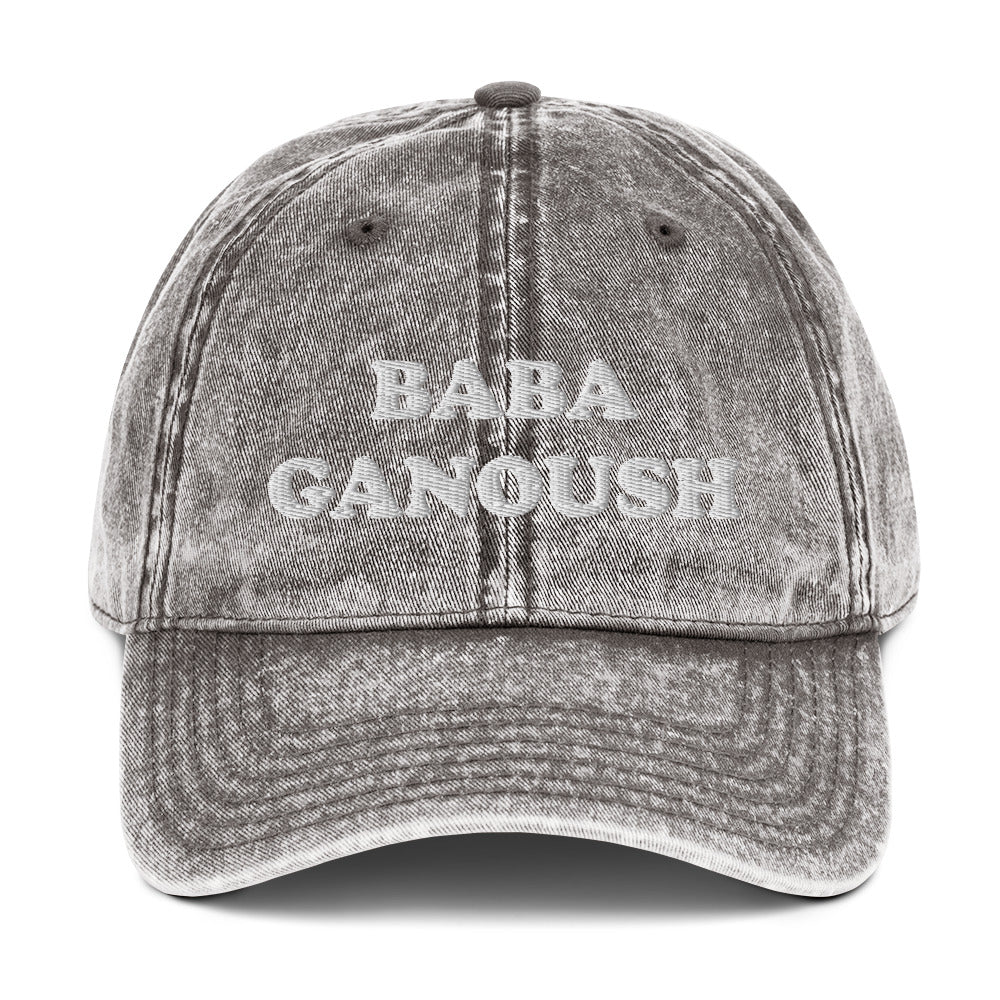 Gray Baba Ganoush Hat - Love baba ganoush? Introducing our Baba Ganoush Dad Hat. It's the perfect hat for baba ganoush enthusiasts. Eat your favorite Middle Eastern eggplant in style. Celebrate your favorite Mizrahi foods in our clothing and accessories for Jews and foodies of all kinds. Looking for something personalized? Shoot us a message!