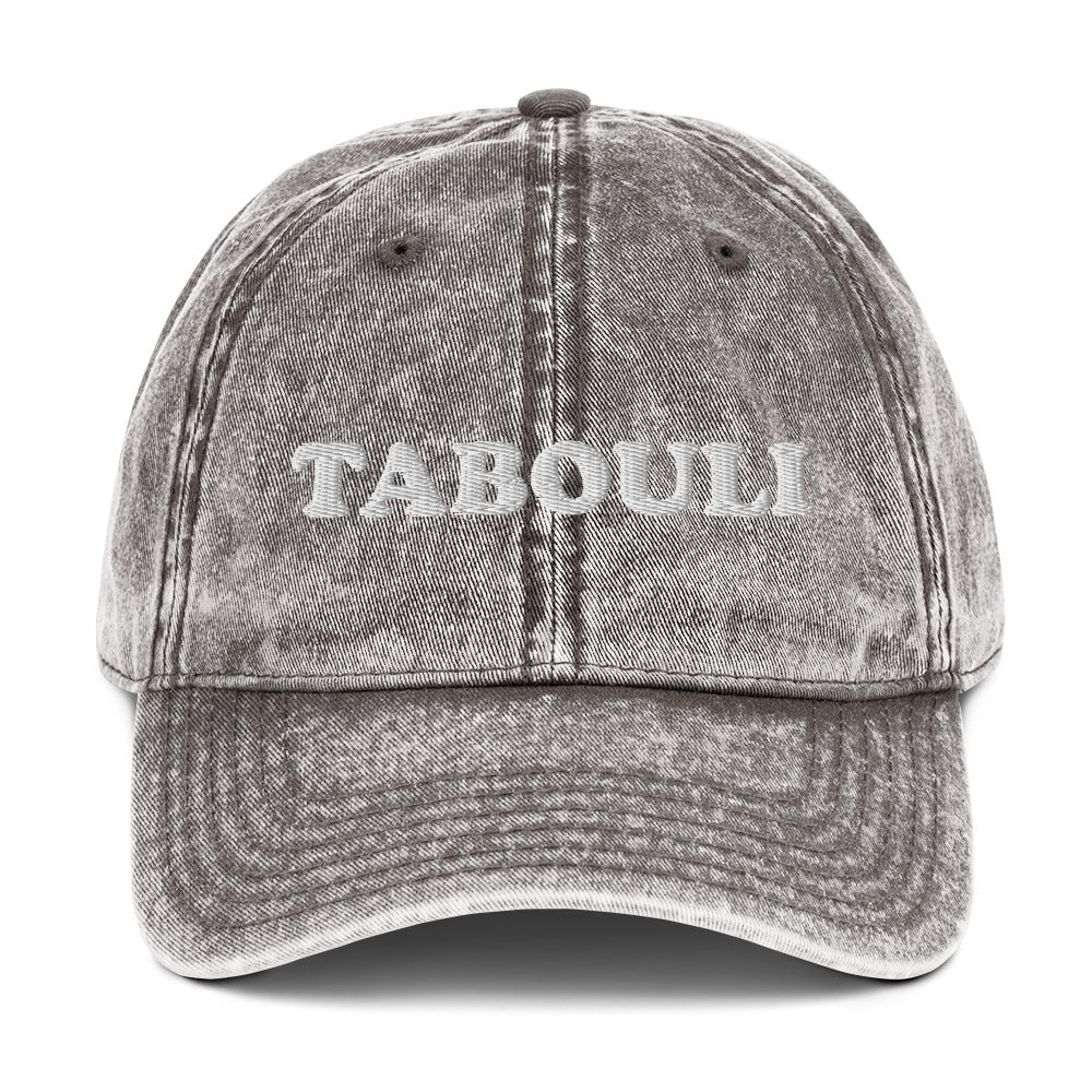 Gray Tabouli hat - Introducing our Tabouli Hat - the perfect addition to any hat collection! Made with high-quality materials, this funny dad hat has an embroidered foodie design. Looking for something personalized? Shoot us a message! Add a little personality to your everyday style or give it as a gift for a tabouli enthusiast!