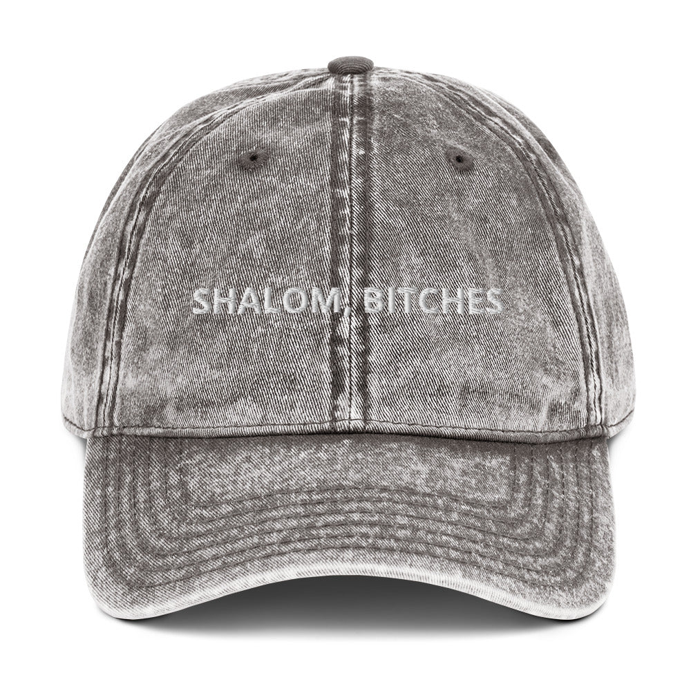 Gray dad hat with funny Jewish design - Our Shalom, Bitches Hat is comfortable, adjustable and made just for you. It's a funny Jewish hat for everyday streetwear or a gift for your favorite proud yid. Looking for something personalized? Shoot us a message!