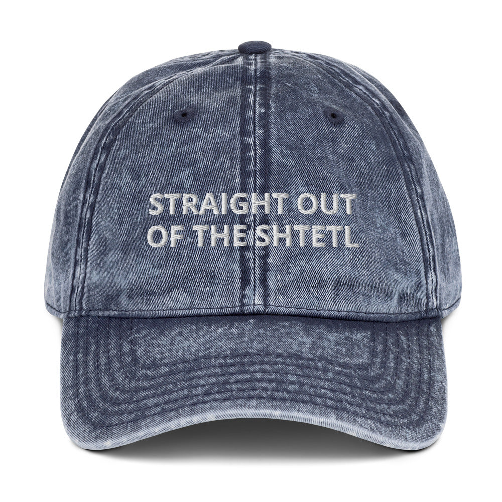 Blue Hat With Funny Jewish Design - Get ready to turn heads and confuse your neighbors with our Straight Out of the Shtetl Dad Hat. Whether you're schmoozing at brunch or haggling over artisanal pickles at the farmers' market, this hat is your ticket to cultural mystique and a few raised eyebrows. Embrace the Ashkenazi humor in this funny Jewish dad hat.