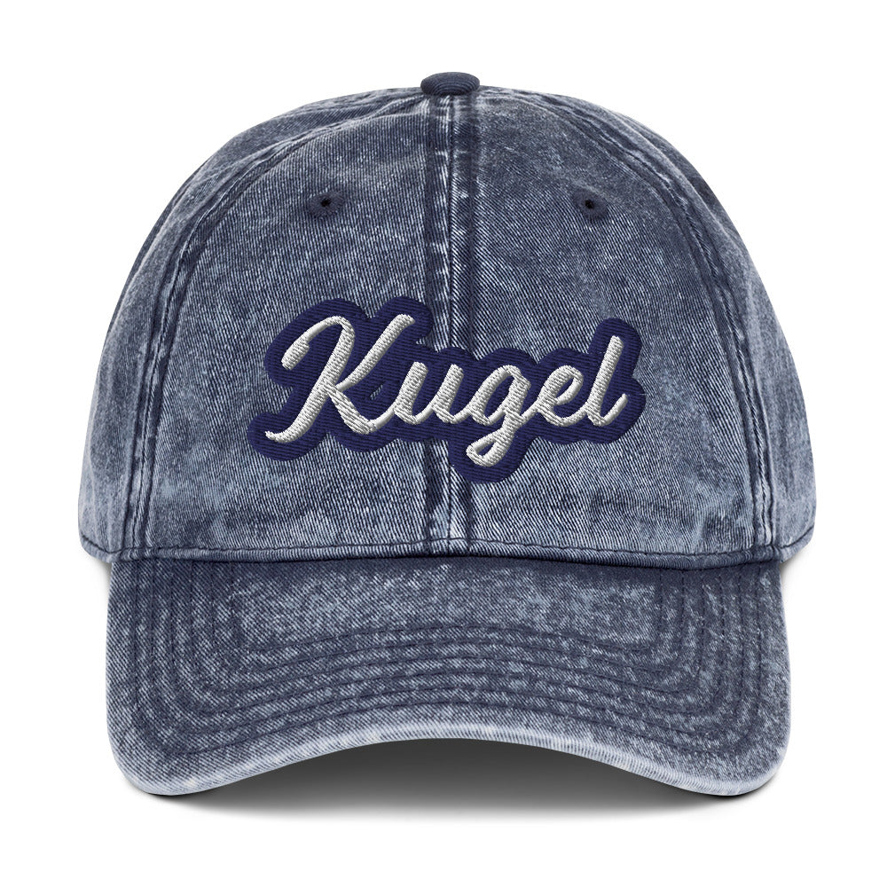 Blue Kugel Hat - Introducing the Kugel Vintage Dad Hat - the perfect accessory for any kugel lover! This Ashkenazi foodie hat features an expertly embroidered design that is sure to bring a smile to your face. It's a funny hat for kugel lovers or a gift for your favorite Ashkenazi foodie.