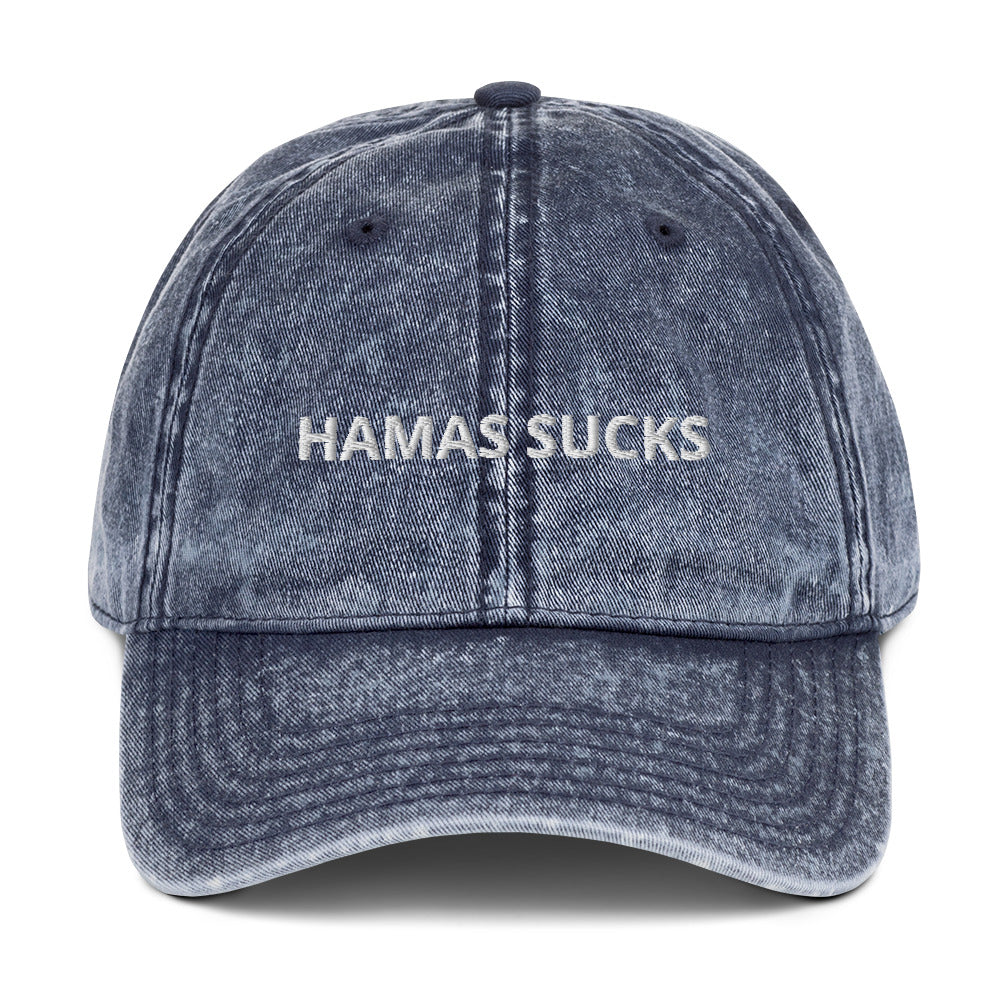 Blue Hamas Sucks Hat - Hamas sucks! Let your hat do the talking in this Hamas Sucks Hat. It's a comfortable cotton hat with an anti-Hamas saying, expertly embroidered on the front. Stand out and make a statement in this classic dad hat.