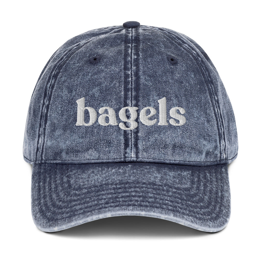 Blue  Bagels Hat - Love bagels? This bagels hat is adjustable, comfortable and made just for you. It's a classic dad hat with "bagels", expertly embroidered on the front. Eat bagels and make a statement in this funny hat for bagel lovers. Perfect for everyday streetwear or a gift for a bagel enthusiast.