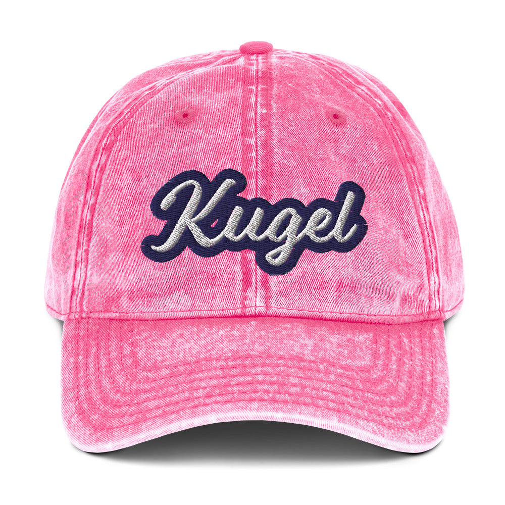 Pink Kugel Hat - Introducing the Kugel Vintage Dad Hat - the perfect accessory for any kugel lover! This Ashkenazi foodie hat features an expertly embroidered design that is sure to bring a smile to your face. It's a funny hat for kugel lovers or a gift for your favorite Ashkenazi foodie.